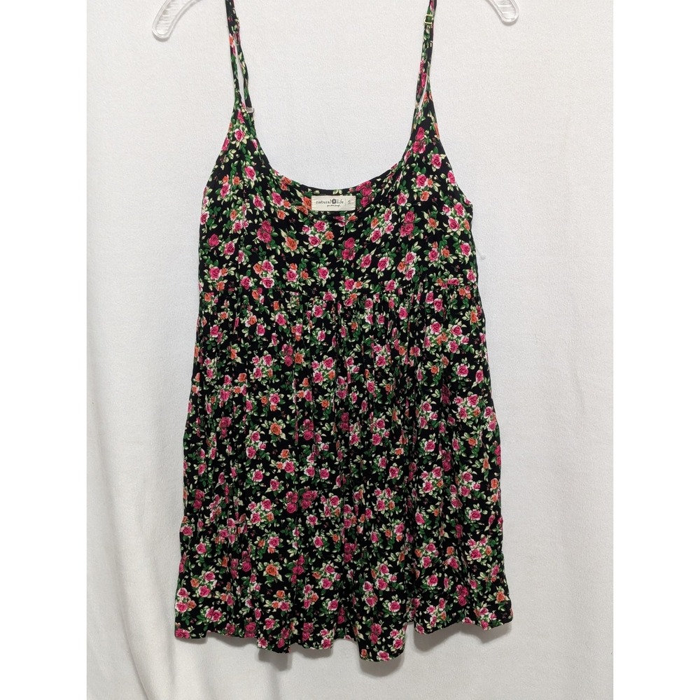 Natural Life Womens Floral Cami Top Black Pink Rayon Babydoll Tank Small